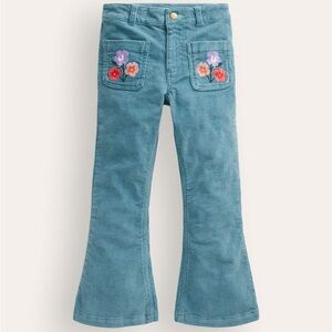 Mini Boden Blue Corduroy Flare Trousers with Floral Embroidery